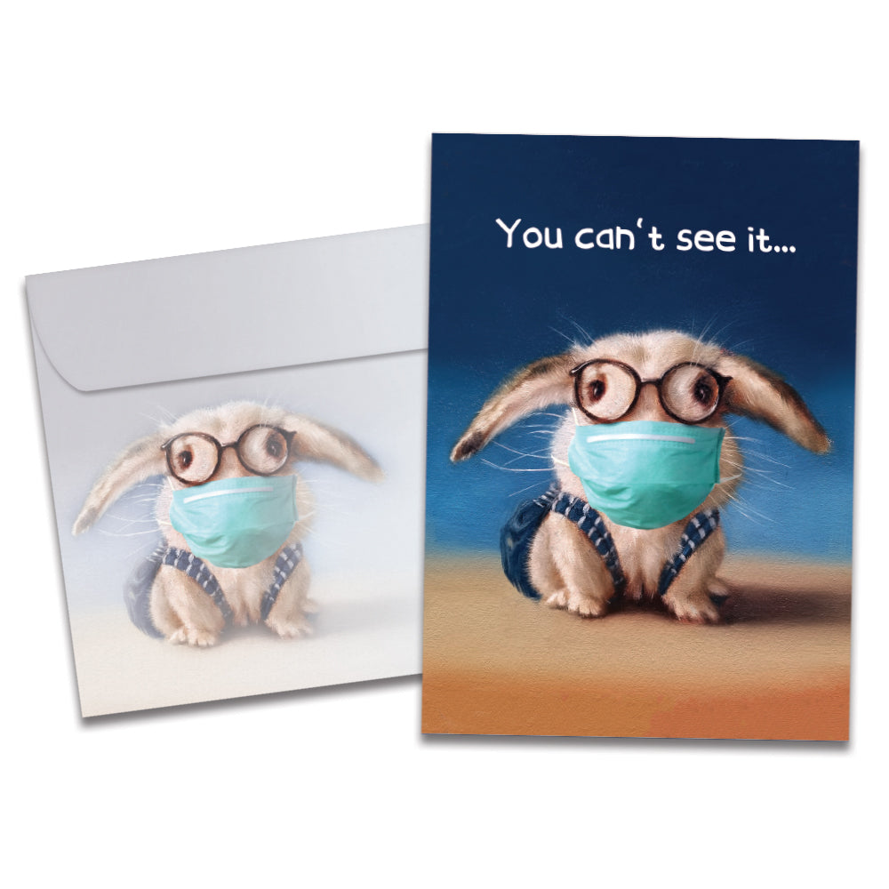 The cover of Tree-Free's Mask Bunny card, along with its matching envelope.