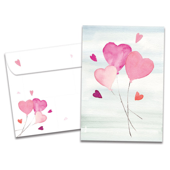 The cover of Tree-Free's Heart Balloons card, along with its matching envelope.