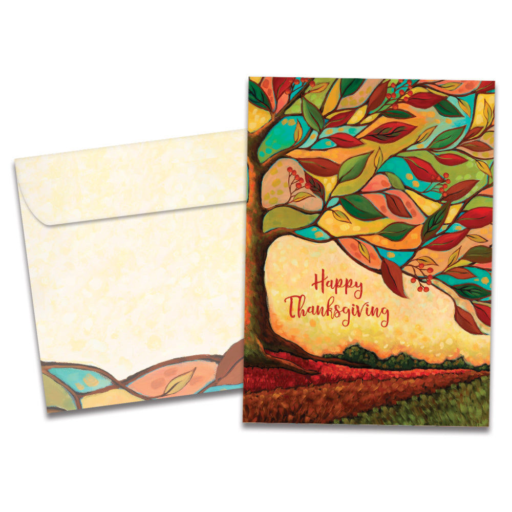 The cover of Tree-Free's Fall Colors card, along with its matching envelope.