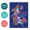 Load image into Gallery viewer, The cover of Tree-Free’s Love Grows Here card with lines demonstrating its 5x7 dimensions, along with the following text: “100% PCW recycled paper, proudly made in the USA, sustainably printed on extra-thick card stock”
