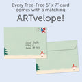 Load image into Gallery viewer, The envelope for Tree-Free’s Joy Gnomes card, along with the following text: “Every Tree-Free 5x7 card comes with a matching ARTvelope!”
