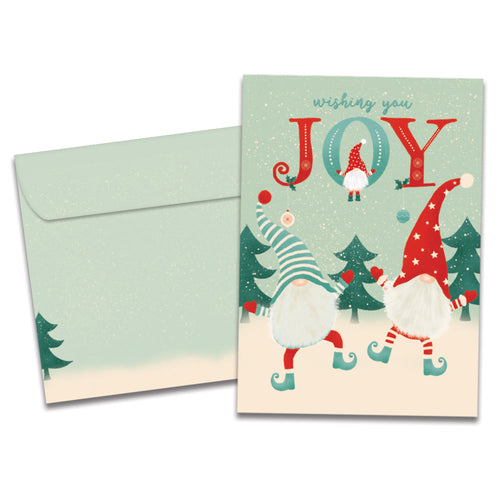 The cover of Tree-Free's Joy Gnomes Holiday Card card, along with its matching envelope.