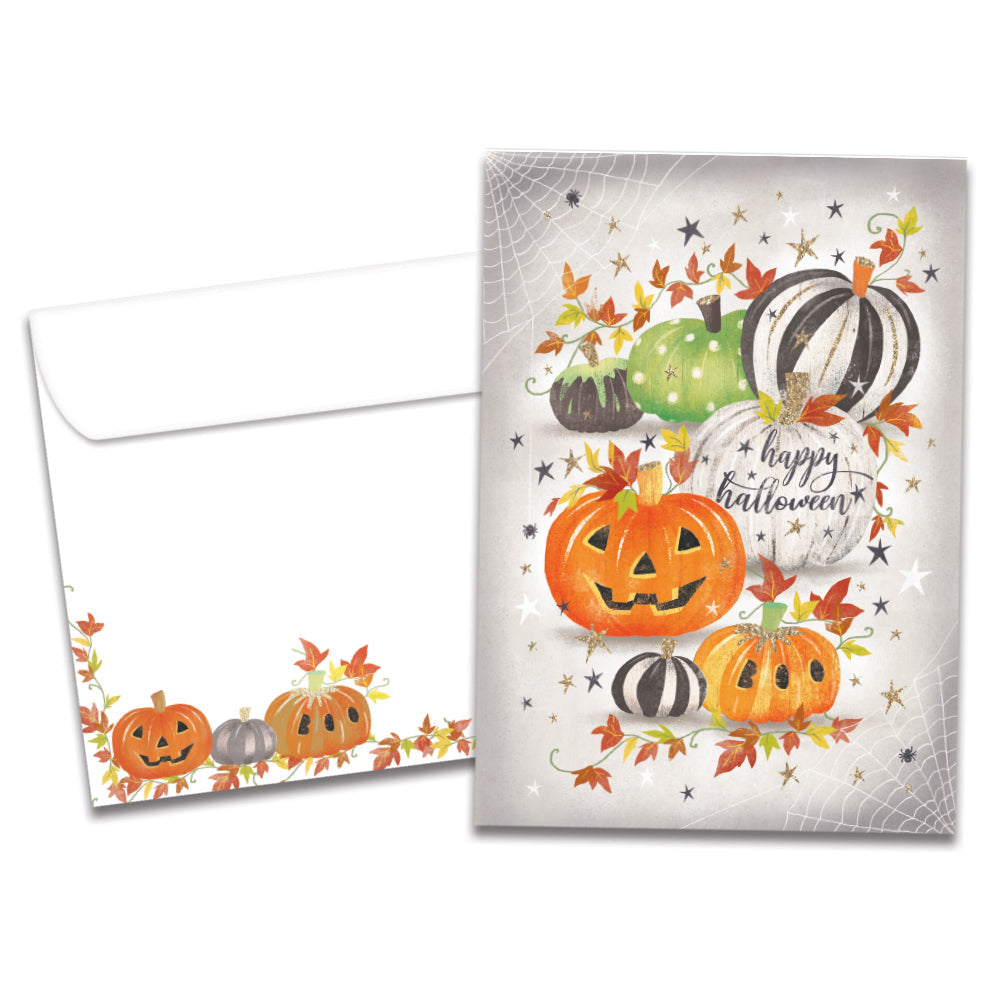 The cover of Tree-Free's Spooky Spiders And Pumpkins Halloween Card card, along with its matching envelope.