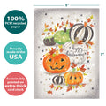 Load image into Gallery viewer, The cover of Tree-Free’s Spooky Spiders And Pumpkins Halloween Card card with lines demonstrating its 5x7 dimensions, along with the following text: “100% PCW recycled paper, proudly made in the USA, sustainably printed on extra-thick card stock”
