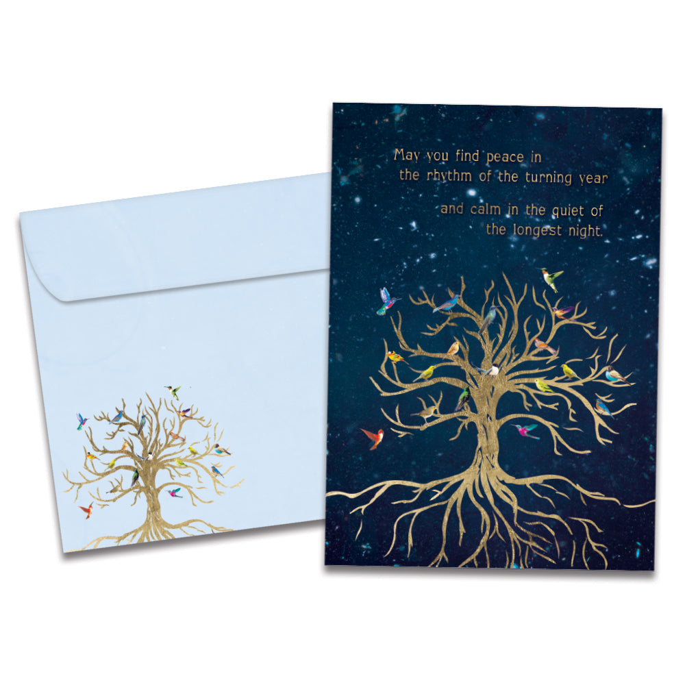 The cover of Tree-Free's Bird Tree of Life card, along with its matching envelope.