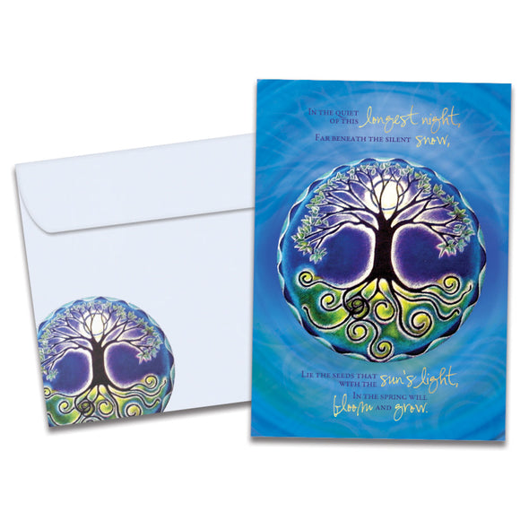 The cover of Tree-Free's Longest Night Mandala card, along with its matching envelope.