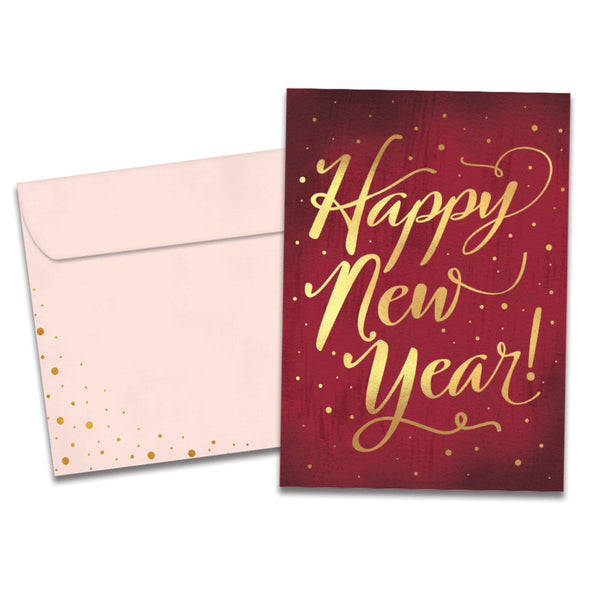 The cover of Tree-Free's Golden New Year New Year Card card, along with its matching envelope.
