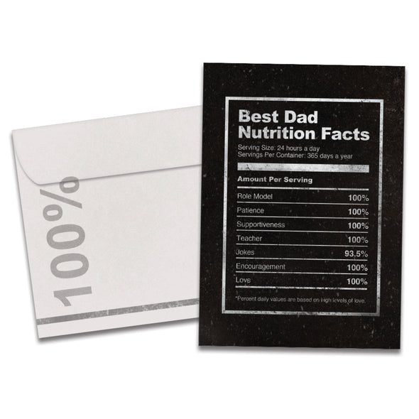 The cover of Tree-Free's Dad Nutrition Facts card, along with its matching envelope.