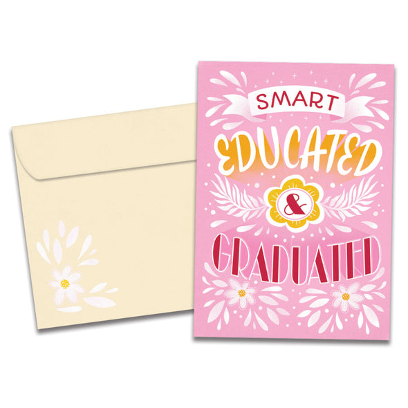 The cover of Tree-Free's Educated and Graduated card, along with its matching envelope.