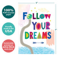 Load image into Gallery viewer, The cover of Tree-Free’s Follow Dreams card with lines demonstrating its 5x7 dimensions, along with the following text: “100% PCW recycled paper, proudly made in the USA, sustainably printed on extra-thick card stock”
