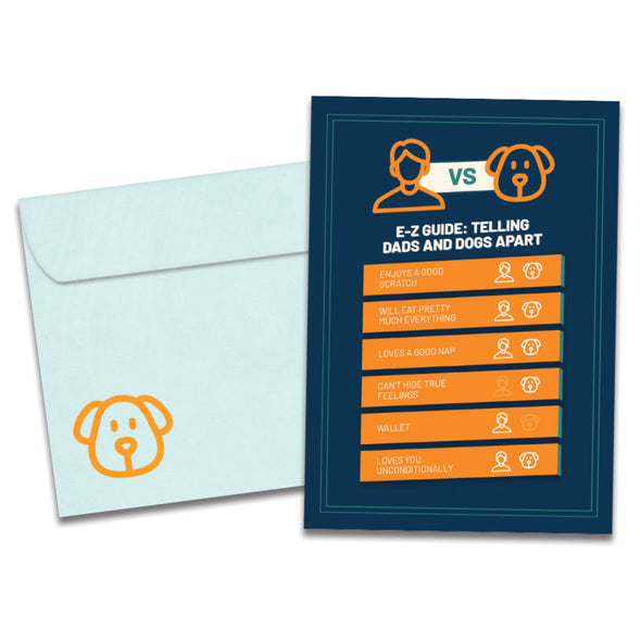 The cover of Tree-Free's Dads vs. Dogs card, along with its matching envelope.