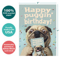 Load image into Gallery viewer, The cover of Tree-Free’s Puggin Ridiculous card with lines demonstrating its 5x7 dimensions, along with the following text: “100% PCW recycled paper, proudly made in the USA, sustainably printed on extra-thick card stock”

