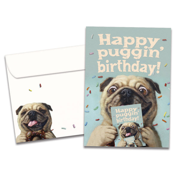 The cover of Tree-Free's Puggin Ridiculous card, along with its matching envelope.