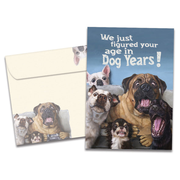 Cover of Dog Years Birthday card (featuring serif text above artwork of five dogs sitting on a couch) and its matching envelope