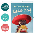 Load image into Gallery viewer, The cover of Tree-Free’s Fantas-Taco card with lines demonstrating its 5x7 dimensions, along with the following text: “100% PCW recycled paper, proudly made in the USA, sustainably printed on extra-thick card stock”
