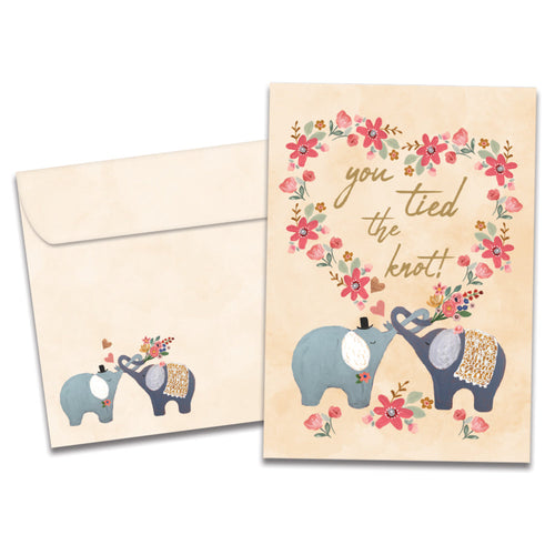 The cover of Tree-Free's Tied The Knot Elephants card, along with its matching envelope.
