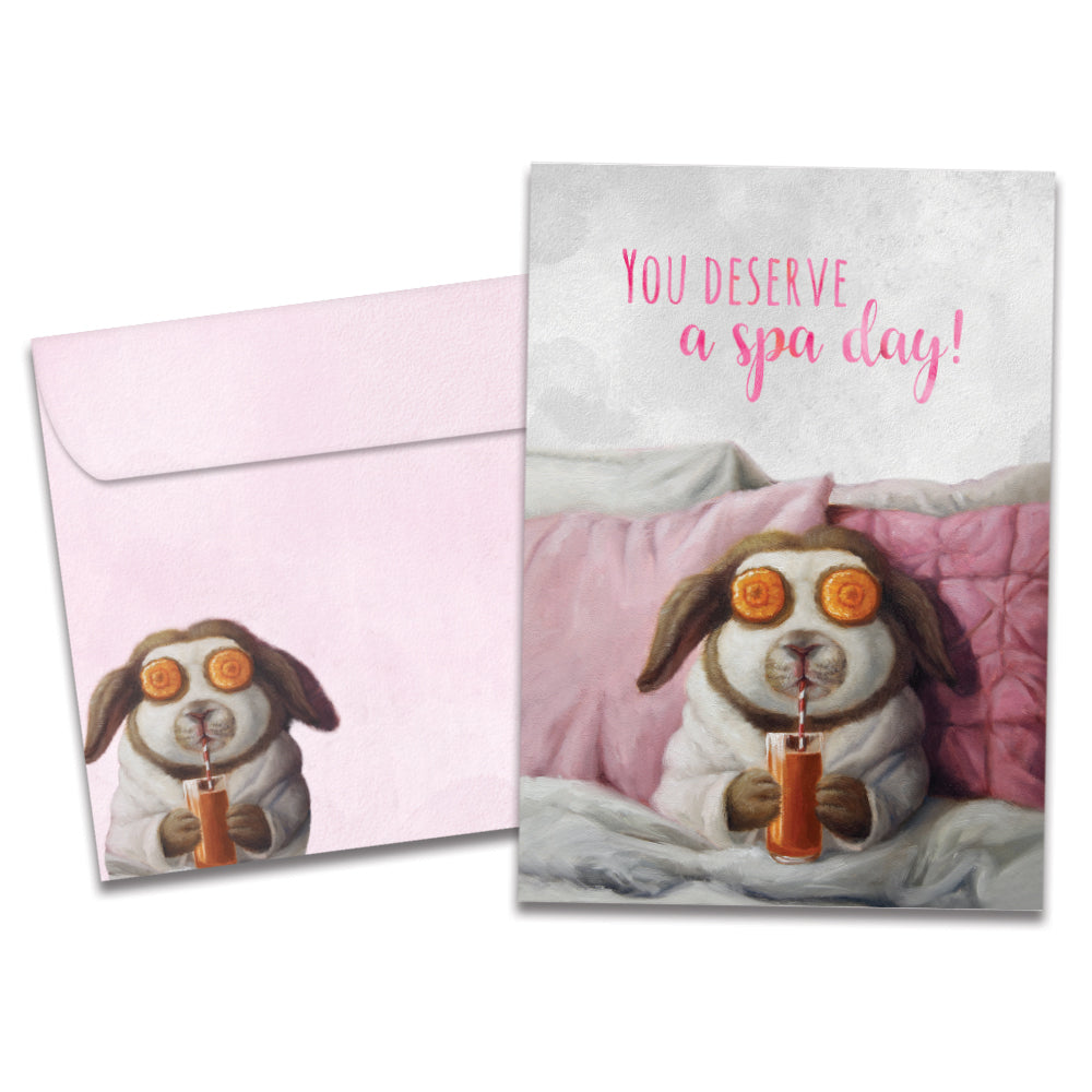 The cover of Tree-Free's Spa Day card, along with its matching envelope.