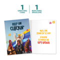Load image into Gallery viewer, The cover and inside of Tree-Free’s Keep On Cluckin&#39; card, along with the following text: “1 greeting card, 1 matching envelope”
