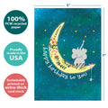 Load image into Gallery viewer, The cover of Tree-Free’s Over The Moon card with lines demonstrating its 5x7 dimensions, along with the following text: “100% PCW recycled paper, proudly made in the USA, sustainably printed on extra-thick card stock”
