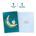 Load image into Gallery viewer, The cover and inside of Tree-Free’s Over The Moon card, along with the following text: “1 greeting card, 1 matching envelope”
