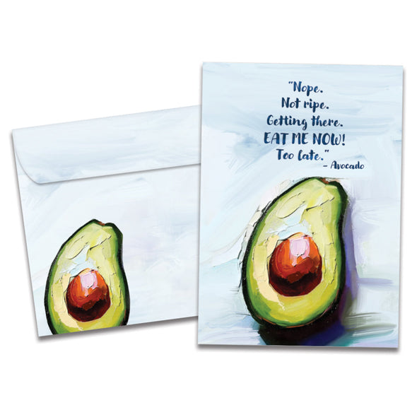 The cover of Tree-Free's Ripe Avocados card, along with its matching envelope.