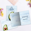 Load image into Gallery viewer, The inside of Tree-Free’s Ripe Avocados card, with the cover and envelope in the background.
