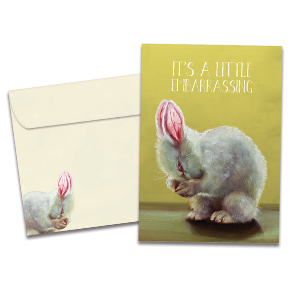 The cover of Tree-Free's Embarrassed Bunny card, along with its matching envelope.