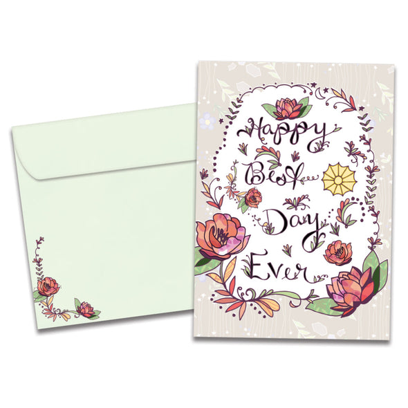 The cover of Tree-Free's Best Day Ever card, along with its matching envelope.