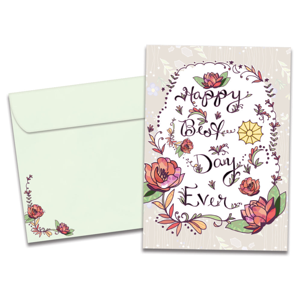 The cover of Tree-Free's Best Day Ever card, along with its matching envelope.