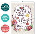 Load image into Gallery viewer, The cover of Tree-Free’s Best Day Ever card with lines demonstrating its 5x7 dimensions, along with the following text: “100% PCW recycled paper, proudly made in the USA, sustainably printed on extra-thick card stock”
