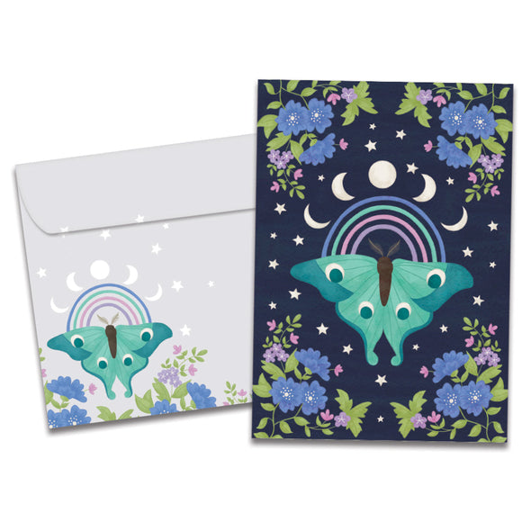 The cover of Tree-Free's Lunar Moth card, along with its matching envelope.