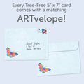 Load image into Gallery viewer, The envelope for Tree-Free’s Caterpillar Butterfly card, along with the following text: “Every Tree-Free 5x7 card comes with a matching ARTvelope!”
