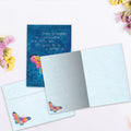 Load image into Gallery viewer, The inside of Tree-Free’s Caterpillar Butterfly card, with the cover and envelope in the background.
