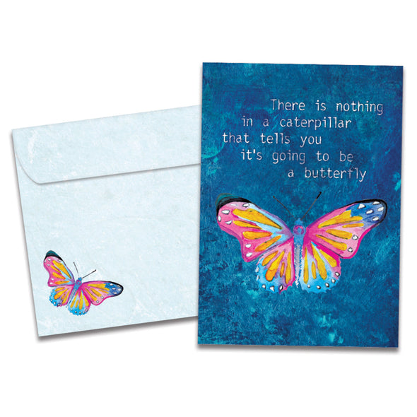 The cover of Tree-Free's Caterpillar Butterfly card, along with its matching envelope.