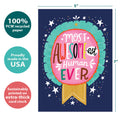 Load image into Gallery viewer, The cover of Tree-Free’s Awesome Human card with lines demonstrating its 5x7 dimensions, along with the following text: “100% PCW recycled paper, proudly made in the USA, sustainably printed on extra-thick card stock”

