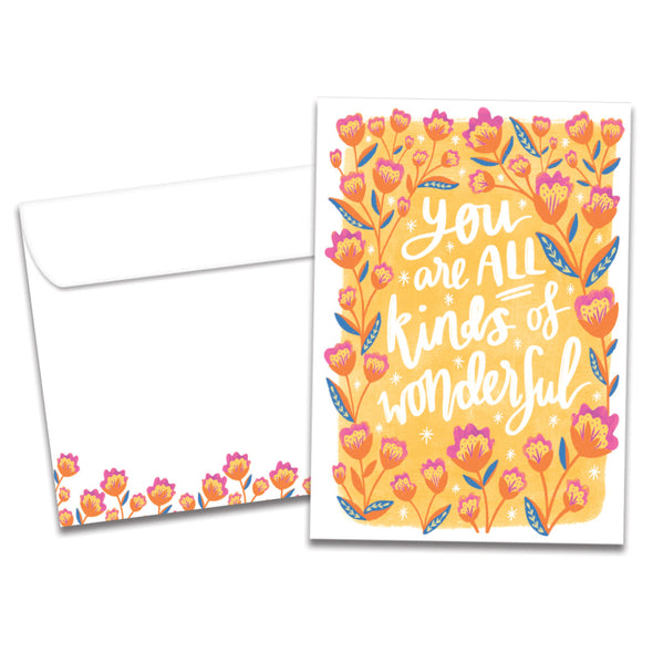 The cover of Tree-Free's All Kinds of Wonderful card, along with its matching envelope.