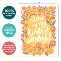 Load image into Gallery viewer, The cover of Tree-Free’s All Kinds of Wonderful card with lines demonstrating its 5x7 dimensions, along with the following text: “100% PCW recycled paper, proudly made in the USA, sustainably printed on extra-thick card stock”
