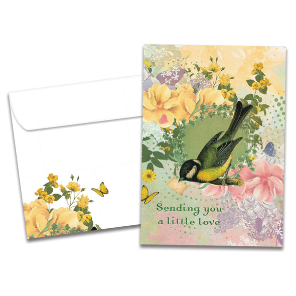 The cover of Tree-Free's Sending Love Birdie card, along with its matching envelope.