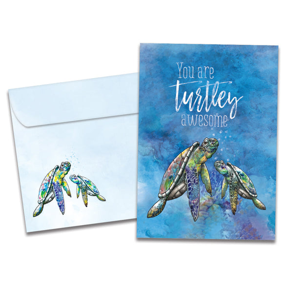 The cover of Tree-Free's Turtley Awesome card, along with its matching envelope.