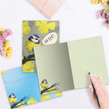 Load image into Gallery viewer, The inside of Tree-Free’s Hello Yellow card, with the cover and envelope in the background.
