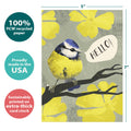Load image into Gallery viewer, The cover of Tree-Free’s Hello Yellow card with lines demonstrating its 5x7 dimensions, along with the following text: “100% PCW recycled paper, proudly made in the USA, sustainably printed on extra-thick card stock”
