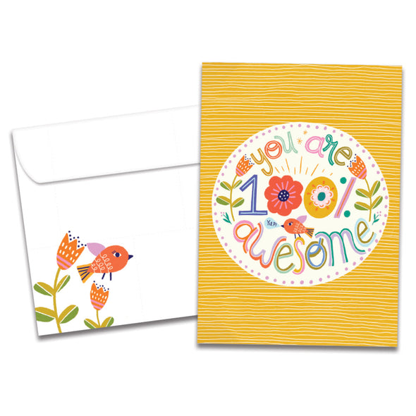 The cover of Tree-Free's 100 Percent Awesome card, along with its matching envelope.