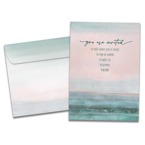 The cover of Tree-Free's Invited to Be Held card, along with its matching envelope.
