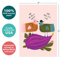Load image into Gallery viewer, The cover of Tree-Free’s Figgin Love You card with lines demonstrating its 5x7 dimensions, along with the following text: “100% PCW recycled paper, proudly made in the USA, sustainably printed on extra-thick card stock”

