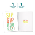 Load image into Gallery viewer, The cover and inside of Tree-Free’s Sip Sip Hooray card, along with the following text: “1 greeting card, 1 matching envelope”
