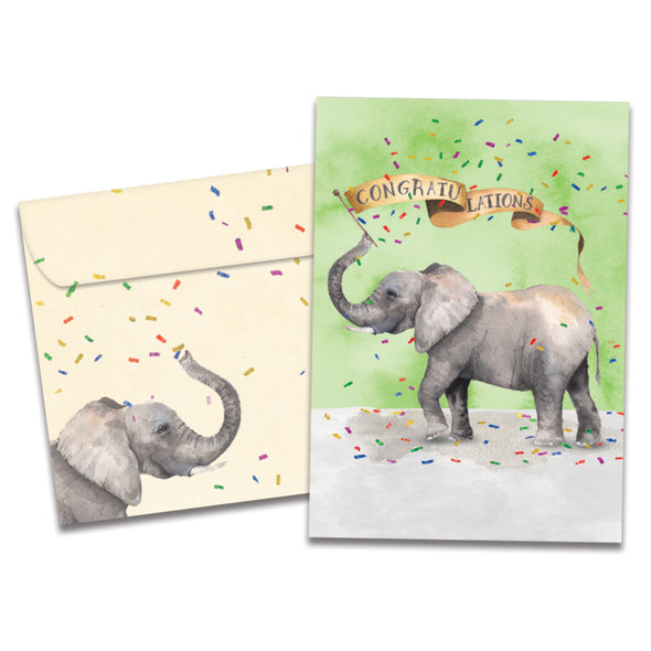 The cover of Tree-Free's Confetti Elephant card, along with its matching envelope.