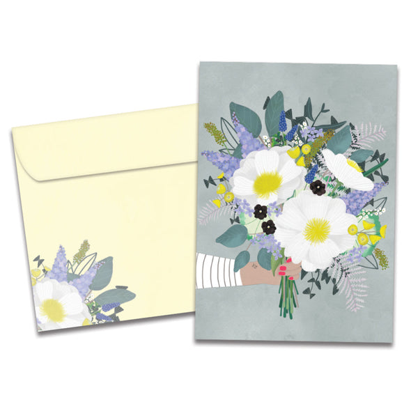 The cover of Tree-Free's Floral Bouquet card, along with its matching envelope.