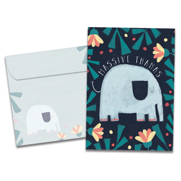 The cover of Tree-Free's Massive Thanks card, along with its matching envelope.