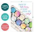 Load image into Gallery viewer, The cover of Tree-Free’s Bunny Diet card with lines demonstrating its 5x7 dimensions, along with the following text: “100% PCW recycled paper, proudly made in the USA, sustainably printed on extra-thick card stock”
