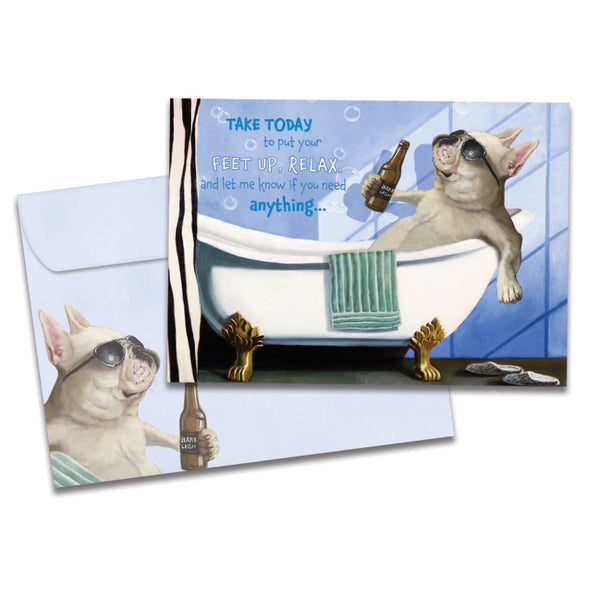 The cover of Tree-Free's Feet Up and Relax card, along with its matching envelope.